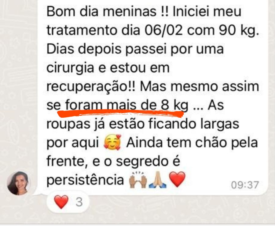 Mensagem de paciente sobre a evolução do tratamento.