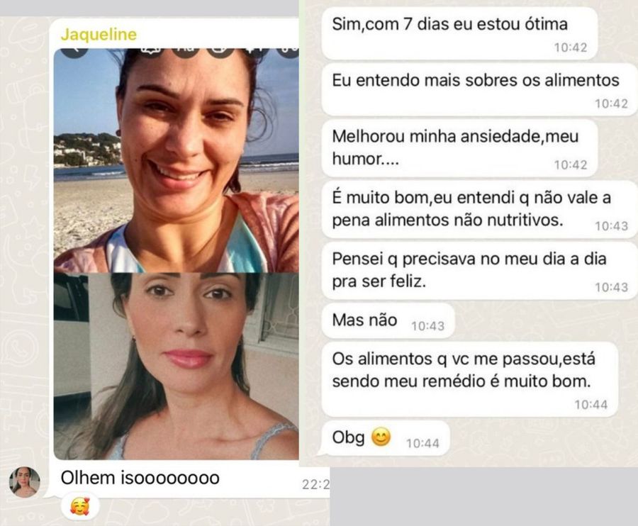 Mensagens de paciente relatando melhora de ansiedade e humor.