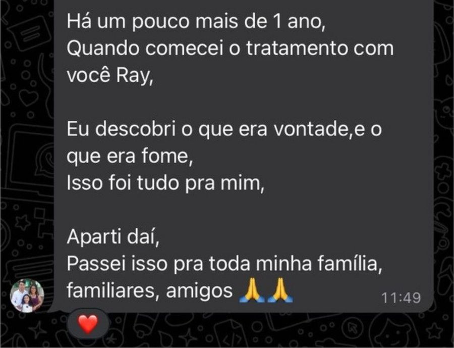 Mensagem de paciente sobre ter aprendido a diferenciar fome de vontade.